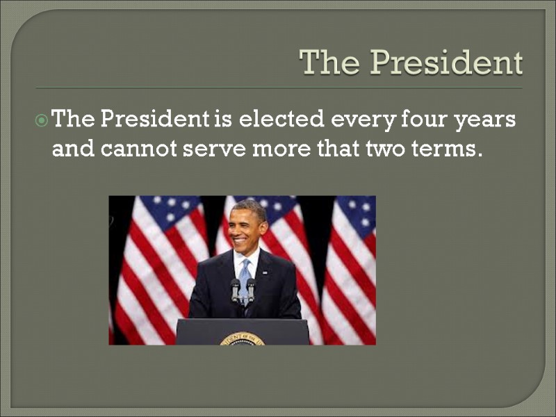 The President The President is elected every four years and cannot serve more that